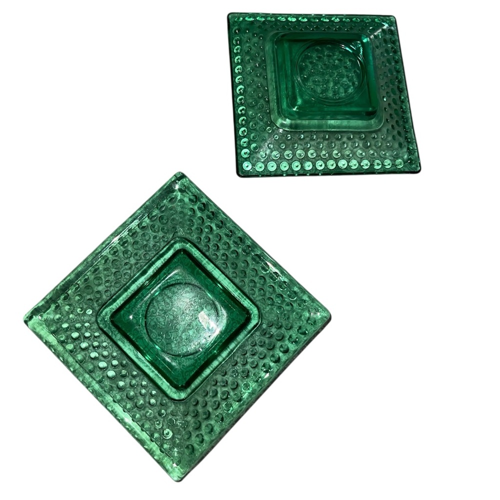 Vintage Emerald Green Hobnail Pressed Glass Ashtrays/Trinket Dishes (Set of 2)